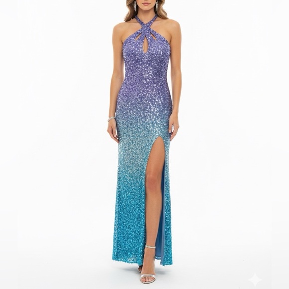 NWT Mac Duggal 6080 Sample Sequin Ombre Purple Blue Maxi Halter Dress Sz 2 - Picture 1 of 13